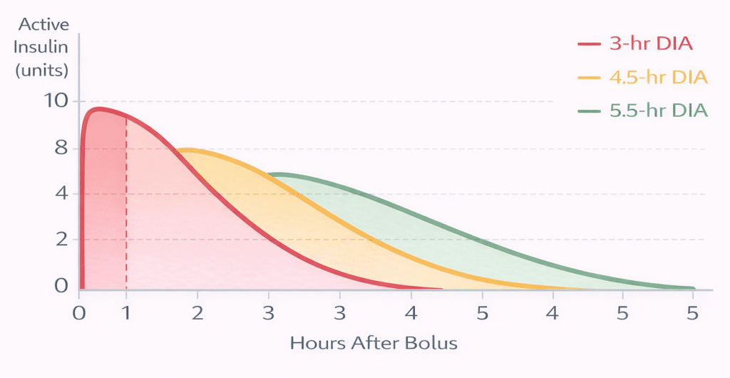 Insulin activity curve showing onset, peak, and approximate 5-hour tail of rapid-acting insulin