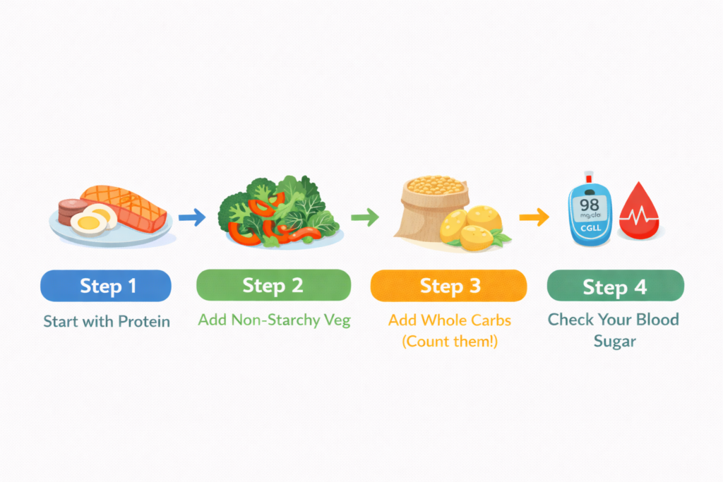 Four steps to build a high-satiety diabetes-friendly meal with protein, vegetables, carbs, and glucose check