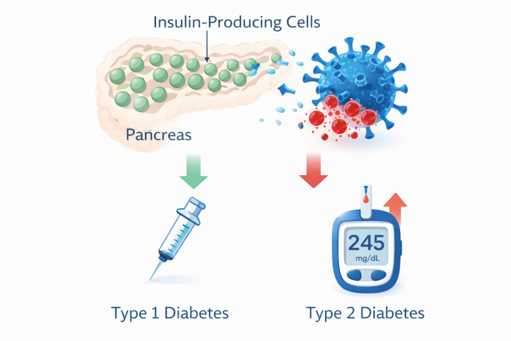 COVID-19 virus attacking pancreatic insulin-producing cells causing new onset diabetes diagram