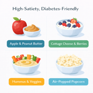 Four high-satiety, diabetes-friendly snacks including apple, peanut butter, cottage cheese, and popcorn