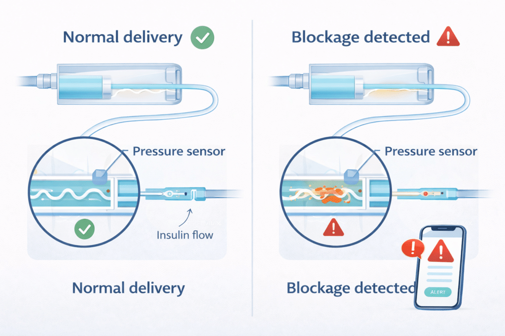 Diagram showing how Twiist iiSure technology detects insulin delivery blockages in real time