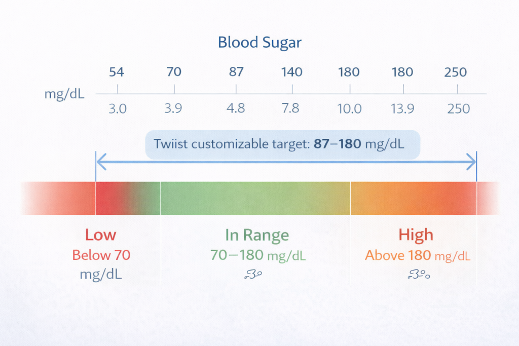 Blood sugar target range chart showing Twiist AID System customizable goal zone 87 to 180 mg/dL
