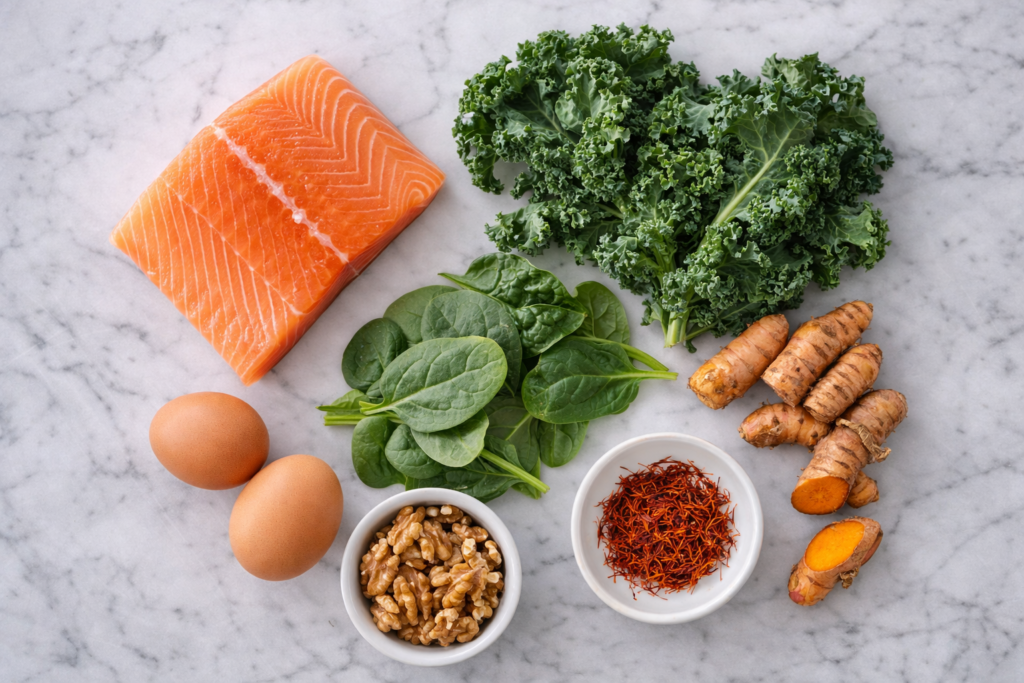 Eye-healthy foods for diabetic nutrition, including salmon, leafy greens, eggs, and turmeric