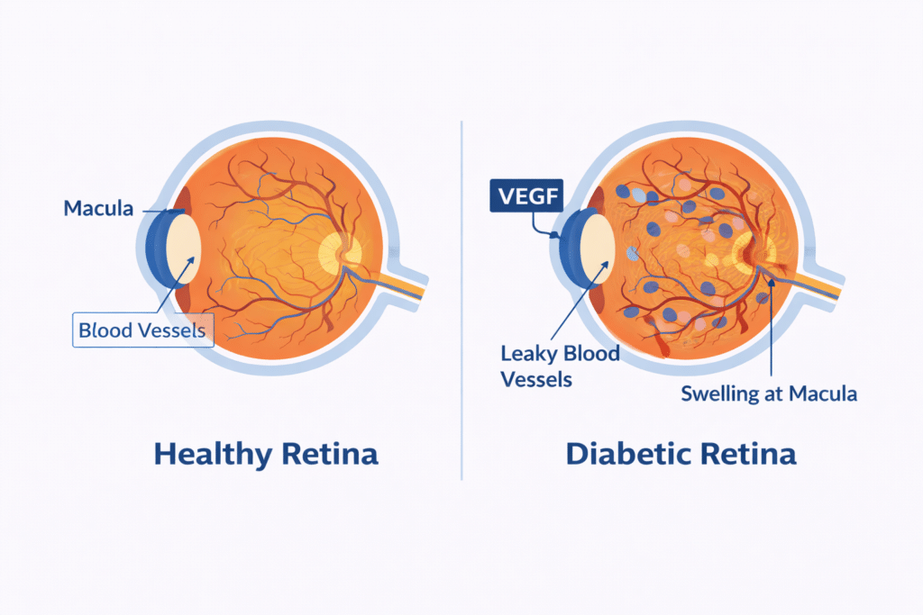 Diagram comparing healthy retina and diabetic macular edema caused by VEGF