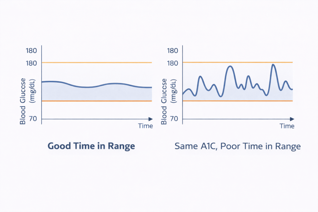 Chart comparing steady blood sugar control to fluctuating highs and lows at the same A1C level