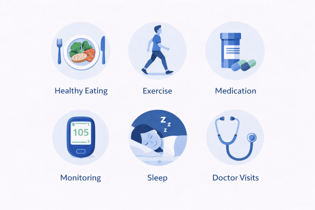 Six strategies to lower A1C, including diet, exercise, medication, monitoring, sleep, and regular check-ins