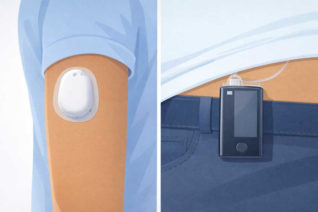 Side-by-side comparison of tubeless insulin pod on arm versus tubed pump on waistband