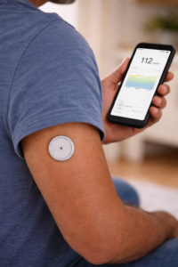 Person wearing a CGM sensor on their arm while checking blood sugar on a smartphone app