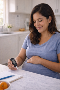 Pregnant person monitoring blood sugar at home for gestational diabetes management.