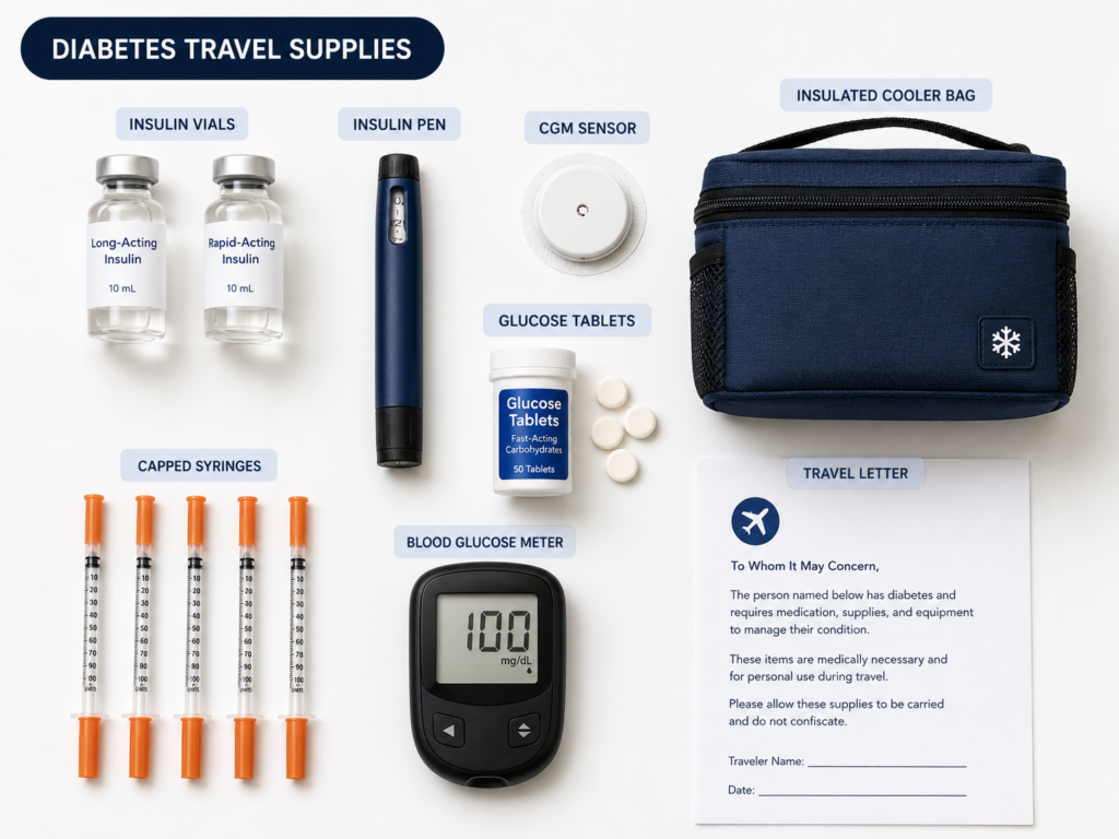Diabetes travel packing essentials laid out flat