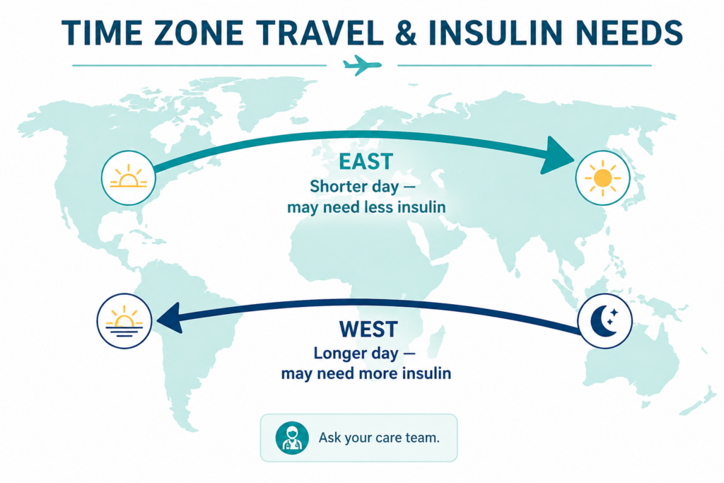 Time zone insulin adjustment guide for eastward and westward travel