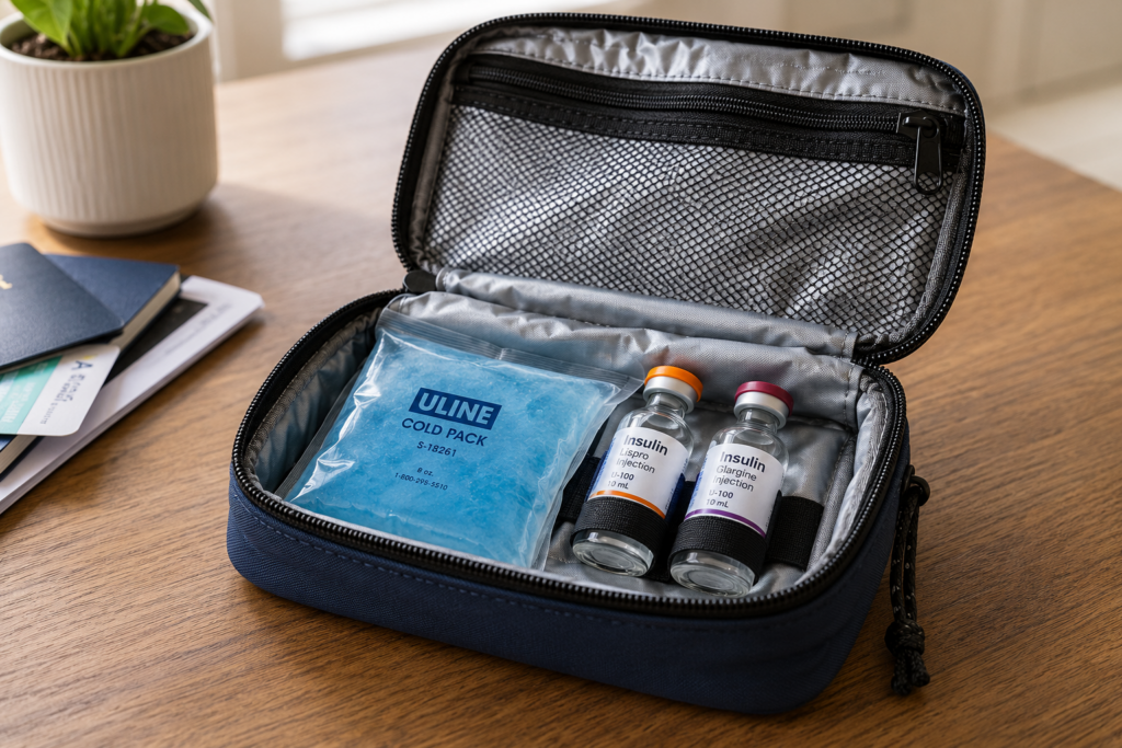 Insulated travel case with insulin and gel pack for temperature control