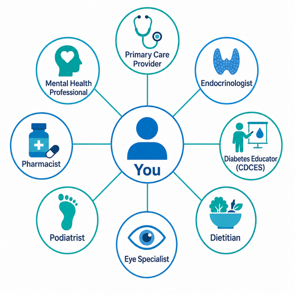 Infographic showing diabetes care team members surrounding a patient at the center