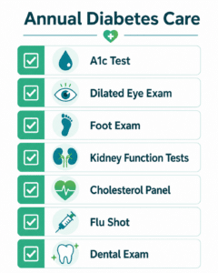Annual diabetes care checklist showing required lab tests and exams for people with diabetes