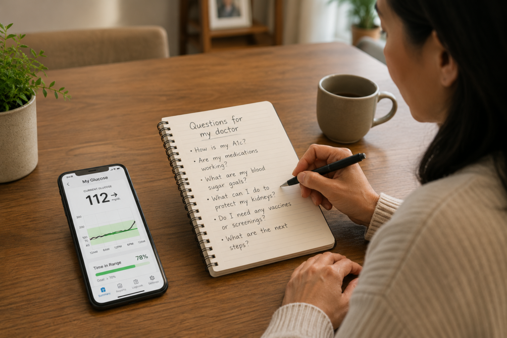 Person writing questions to bring to a diabetes doctor appointment