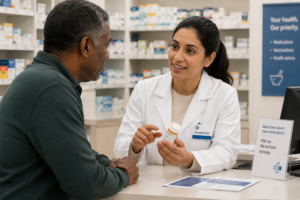 Pharmacist discussing diabetes medications with a patient at a pharmacy counter