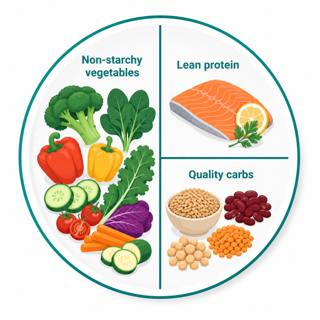 The diabetes plate method: half vegetables, quarter protein, quarter quality carbohydrates