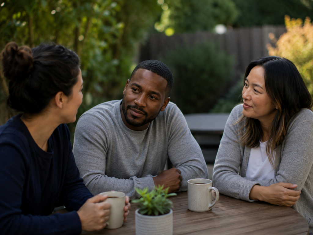 People in a supportive conversation representing a diabetes peer support network