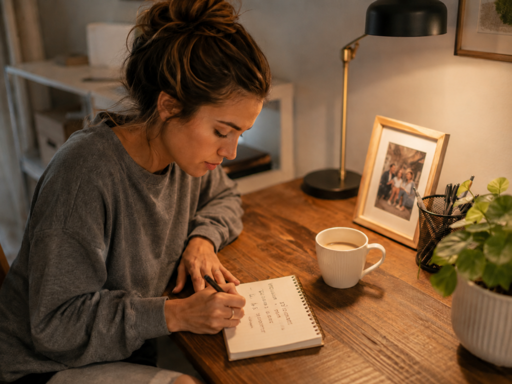 Person writing small diabetes management goals in a notebook at a desk