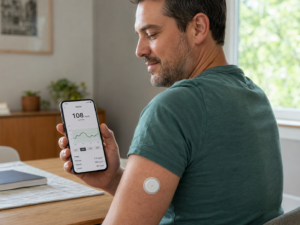 Person checking CGM app on smartphone, looking calm and confident about their blood sugar