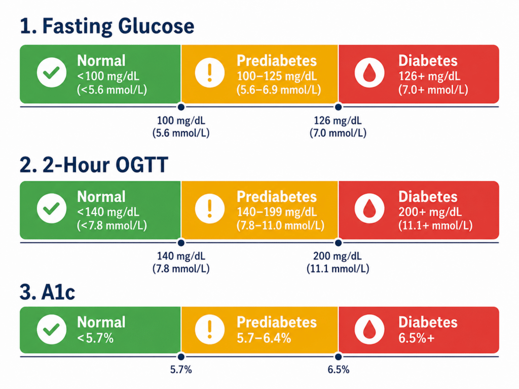 Infographic showing blood sugar diagnostic thresholds for normal, prediabetes, and diabetes