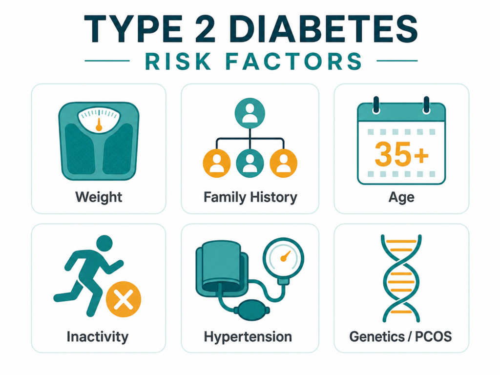 Infographic of major Type 2 diabetes risk factors including weight, age, family history, and inactivity