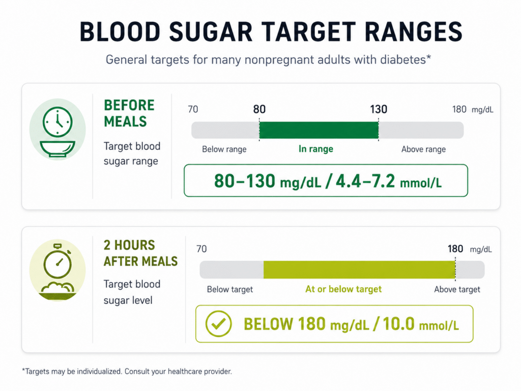 Infographic of blood sugar target ranges before and after meals for people with diabetes