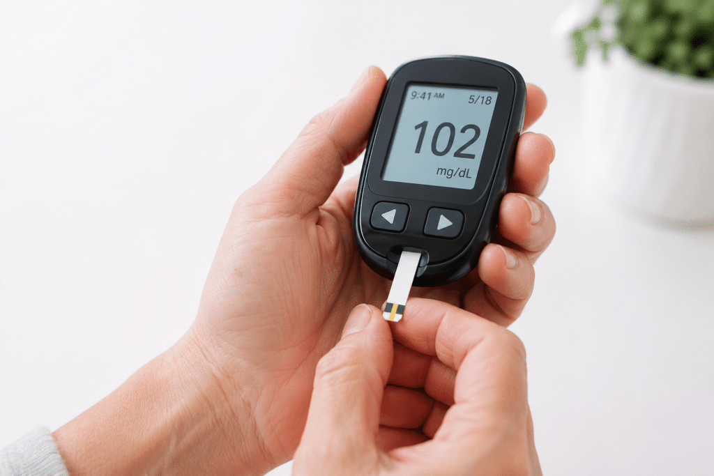 Clean hands holding a blood glucose meter ready for a diabetes blood sugar test