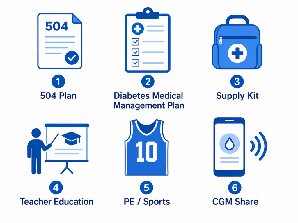 School diabetes management checklist 504 plan DMMP supplies CGM sharing