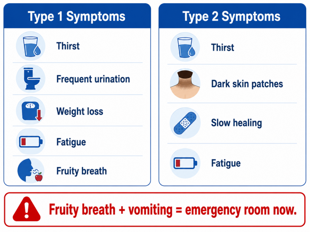 Type 1 vs Type 2 diabetes symptoms comparison chart for children