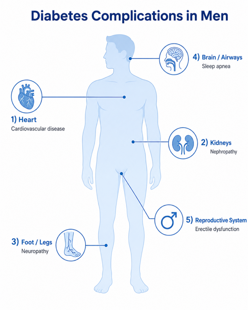 Diagram of diabetes complications unique or more common in men