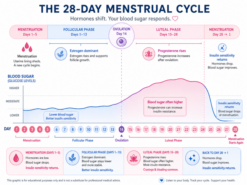 Menstrual cycle blood sugar pattern diagram for women with diabetes