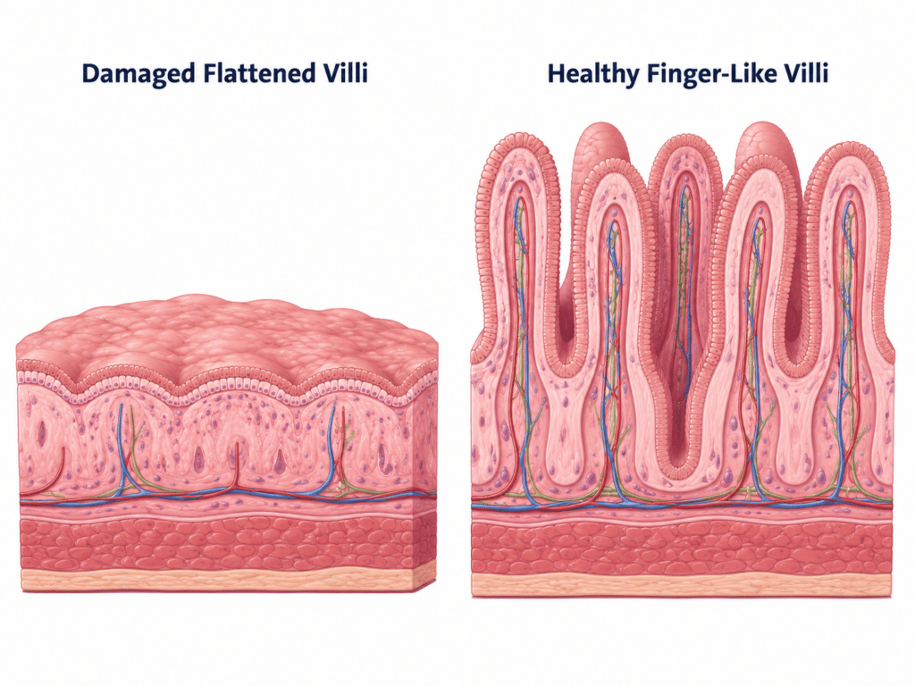Damaged versus healthy intestinal villi in celiac disease