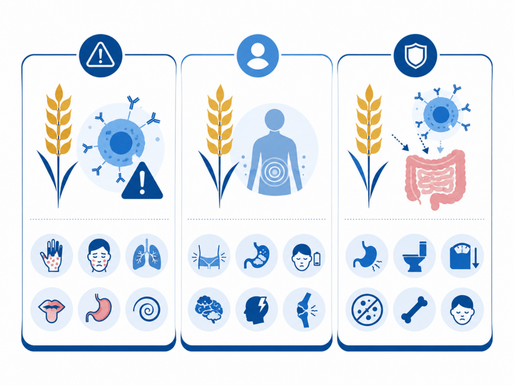 Infographic comparing wheat allergy, gluten sensitivity, and celiac disease