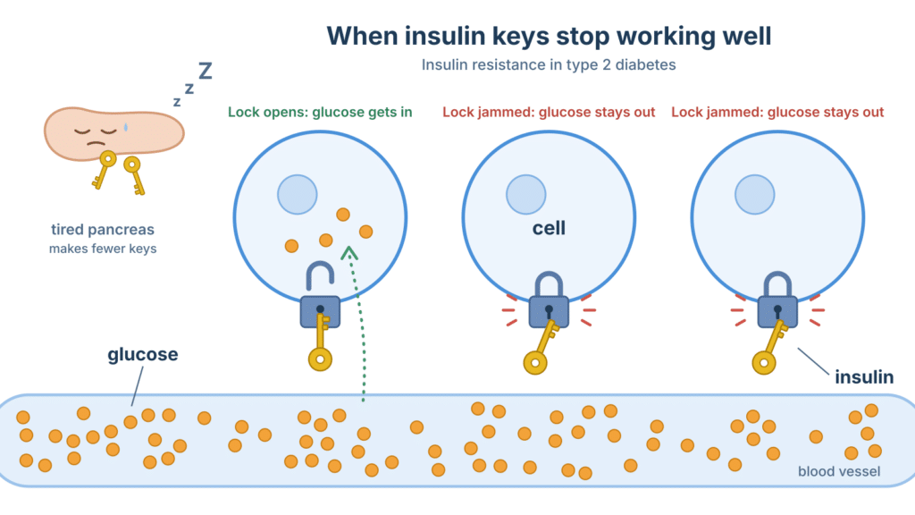 Diagram of insulin resistance showing glucose building up outside cells (72 chars)